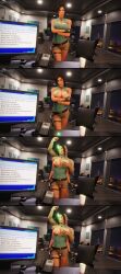  3d absurdres black_hair breasts breasts_outside cleavage clothed comic crossed_eyes cum cum_on_body cum_on_clothes dochaunt drool faceless_male femsub gloves glowing groping hypnotic_accessory lactation lara_croft large_breasts maledom necklace ponytail shorts standing tan_skin text thick_thighs thighjob tomb_raider tongue_out watermark 
