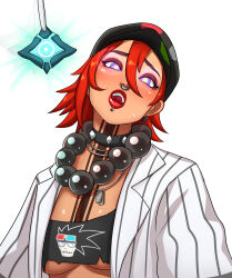  absurdres blush breasts cap collar crop_top deareditor dog_tags dusty_(fortnite) earrings eyeshadow female_only femsub fortnite hat kaa_eyes lip_piercing lipstick looking_at_viewer makeup necklace nose_ring open_mouth pendulum piercing red_hair red_lipstick ring_eyes shirt short_hair simple_background solo sportswear studded_collar tattoo underboob unusual_pupils white_background 