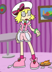  amitie blonde_hair clothed female_only femsub food hat legs mythkaz open_mouth puyo_puyo ribbon shoes socks solo spiralwash_eyes suit t-shirt tray wrist_band 