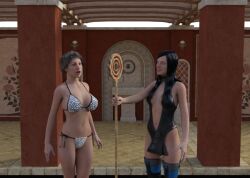 3d black_hair bottomless breasts elena_(playmaker) female_only femdom femsub large_breasts long_hair open_mouth original playmakersama short_hair standing topless white_eyes yuki_(aqualover92)