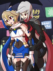 bare_shoulders bite_mark blonde_hair breasts clothed cygames empty_eyes expressionless eye_color_change facial_markings fangs femsub gloves maledom mythkaz nate_(world_flipper) open_mouth original red_eyes rune_(rubylemonlimeade) short_hair thighhighs thighs vampire very_long_hair white_hair world_flipper