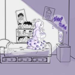 bed bedroom drool femsub feralkoekje hypnotic_screen jakey_(hypnonut005) kneeling kono_subarashii_sekai_ni_shukufuku_wo! large_ass large_breasts long_hair original pajamas sleep_command spiral_eyes thick_thighs wiz_(konosuba)