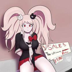 altered_common_sense blonde_hair bow cleavage clothed collar dangan_ronpa dollification expressionless female_only femsub hair_ornament hypnovember junko_enoshima m00n_key miniskirt red_hair spread_legs tech_control tie twintails