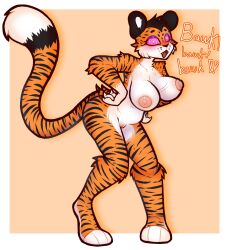 breasts cat_girl chicken_pose furry happy_trance julia_(memes) large_breasts nipples nude pussy seven simple_background spiral_eyes tail text tiger_girl