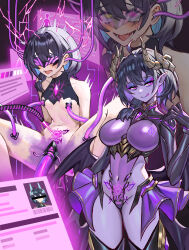  before_and_after black_hair brain_injection breast_expansion breasts cables corruption crotch_tattoo demon_girl earrings elf_ears eye_color_change eyeshadow femsub horns hynkel_(shen_hai_ichigo) large_breasts leotard multicolored_hair original pink_eyes purple_hair purple_skin shen_hai_ichigo short_hair small_breasts smile tattoo tears tongue tongue_out transformation visor wings yellow_eyes 