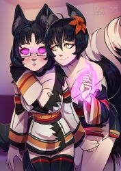 animal_ears black_hair blush breasts female_only femdom femsub flower fox_girl glasses groping holding_breasts hypnotic_hands incest kimono lairreverenteboladepelos large_breasts magic monster_girl_island open_mouth purple_eyes renge_(monster_girl_island) ring_eyes sayuri_(monster_girl_island) short_hair sisters smile surprised thighhighs yellow_eyes yuri