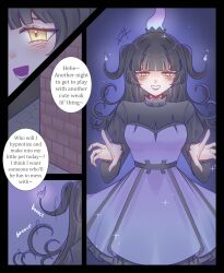 black_hair chandelure comic dialogue dress english_text female_only goth laughing lipstick missmilkou nintendo original personification pokemon smile solo speech_bubble standing straight-cut_bangs text yellow_eyes