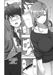  aiue_oka amane_oikawa belt blush breasts cleavage collarbone comic empty_eyes family_control femsub greyscale hard_translated huge_breasts jeans long_hair maledom milf short_hair standing standing_at_attention text translated trigger 
