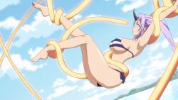 barefoot bikini breasts female_only femsub horns hypnotic_tentacle icontrol_(manipper) large_breasts long_hair manip monster_girl oni_girl open_mouth ponytail purple_hair screenshot shion_(tensei_slime) sideboob spiral_eyes swimsuit symbol_in_eyes tentacles that_time_i_got_reincarnated_as_a_slime