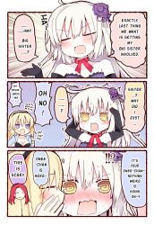 blonde_hair blue_eyes bridal_gauntlets chibi cleavage comic dress english_text fate/apocrypha fate/grand_order fate_(series) femdom femsub hair_ornament jeanne_alter jeanne_d&#039;arc_(fate) matusitayuu memory_alteration neckerchief resisting speech_bubble spiral_eyes swimsuit text yellow_eyes