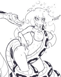 asphyxiation bottomless breasts coils crotch_rub dazed femsub greyscale happy_trance hypnofood hypnotic_eyes large_breasts long_hair monochrome nipples nude panty_and_stocking_with_garterbelt ring_eyes scanty snake sweat tongue tongue_out topless