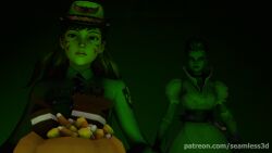  3d animated animated_gif breasts clothed d.va dazed female_only femdom femsub halloween large_breasts long_hair mask mei_(overwatch) mercy open_mouth overwatch possession pumpkin seamless sombra_(overwatch) source_filmmaker widowmaker 