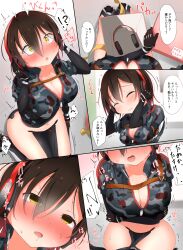 absurdres blush breasts brown_hair drool femsub headphones hololive kc9s large_breasts roboco short_hair tech_control text translation_request virtual_youtuber yellow_eyes