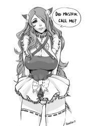 breasts camilla_(fire_emblem_fates) femsub fire_emblem fire_emblem_fates greyscale ikebanakatsu large_breasts looking_at_viewer maid manip nintendo solo spiral_eyes symbol_in_eyes tagme text