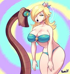  absurdres bare_legs blonde_hair cleavage crown disney drool earrings femsub hair_covering_one_eye hypnotic_eyes kaa kaa_eyes long_hair maledom nintendo princess_rosalina psyfly signature snake spiral_background super_mario_bros. super_mario_galaxy the_jungle_book 