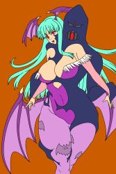 arm_warmers bare_shoulders breasts brown_background buttfishbutt capcom cleavage corruption darkstalkers demon empty_eyes femsub green_hair large_breasts large_hips legs long_hair looking_at_viewer morrigan_aensland open_mouth possession red_eyes shadow_(darkstalkers) succubus tight_clothing tights wings