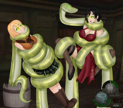  ada_wong ashley_graham bare_shoulders black_hair blonde_hair boots capcom cleavage clothed coils dazed dress femsub g-lahndi gameplay_mechanics glowing_eyes happy_trance multiple_subs open_mouth ping resident_evil resident_evil_4 restrained scarf skirt smile snake spiral_eyes spread_legs tights user_interface video_game 