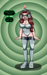 absurdres antenna breast_expansion breasts erect_nipples fembot femsub glasses happy_trance headphones hypnotic_accessory large_breasts latex long_hair original red_hair robotization seline_(sasirre) smile spiral_eyes supertechno324 symbol_in_eyes tech_control text thighhighs western