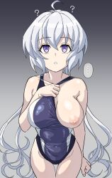  absurdres ahoge bare_shoulders breasts breasts_outside cleavage collarbone confused empty_eyes erect_nipples expressionless female_only femsub inai_uchi large_breasts leotard long_hair looking_at_viewer nipples one-piece_swimsuit one_breast_out purple_eyes school_swimsuit senki_zesshou_symphogear solo speech_bubble standing standing_at_attention swimsuit thighhighs topless twintails white_hair yukine_chris 