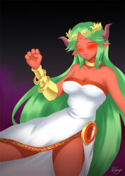 blush bracelet breasts cleavage closed_eyes corruption demon demon_girl elf_ears femsub goddess gradient_background green_hair hadant horns kid_icarus large_breasts long_hair nintendo open_mouth palutena red_skin signature simple_background