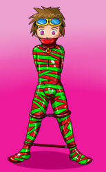  bondage brown_hair bulge chains christmas collar digimon digimon_tamers gag goggles goggles_on_head kurttype5 looking_at_viewer male_only malesub pink_eyes short_hair simple_background solo spreader_bar standing takato_matsuki tape 