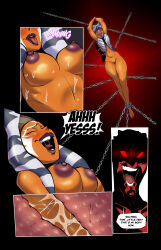  absurdres ahsoka_tano arms_above_head aware bare_breasts bare_legs bare_shoulders barefoot bondage breasts chains cleavage closed_eyes comic darth_maul dialogue english_text evil_smile feet femsub glowing_eyes hanging_down maledom masturbation mesiasart midriff navel nipples nude open_mouth possession possessionhub pussy red_eyes smile speech_bubble star_wars sweat tagme text tongue tongue_out 