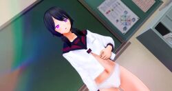  3d baldmen4 black_hair blackboard blush cameltoe classroom custom_maid_3d_2 dazed empty_eyes expressionless female_only femsub glowing_eyes navel panties pink_eyes school_uniform solo standing standing_at_attention twintails undressing 