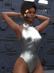  3d afro armpits arms_above_head creativeguy59 dark_skin expressionless female_only femsub glowing_eyes large_breasts leotard original standing standing_at_attention tech_control 