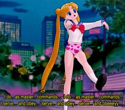 3d absurdres blonde_hair dazed empty_eyes expressionless female_only femsub karma-x long_hair mantra night open_mouth panties sailor_moon sailor_moon_(series) text twintails underwear zombie_walk