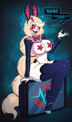  blonde_hair bow_tie bunny_ears bunny_girl charlie_(hazbin_hotel) clothed_exposure femsub hazbin_hotel high_heels sitting speech_bubble spiral_background spiral_eyes text thick_thighs thigh_boots vox wrenzephyr2 