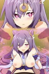  bottomless breasts cleavage coin femsub genshin_impact happy_trance heart heart_eyes keqing large_breasts long_hair looking_at_viewer nude pendulum penis pink_eyes purple_hair smile sollyz symbol_in_eyes topless twintails 