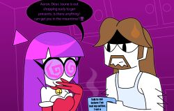 aaron_(sr_pelo) ahoge assertive_sub bare_shoulders beard bell bell_collar consensual english_text eyelashes femsub happy_trance headband humor hypnoscream lila_(sr_pelo) long_hair opera_gloves purple_hair purple_sclera santa_costume shiny_hair simple_background smile speech_bubble spiral_eyes spooky_month straight-cut_bangs tank_top