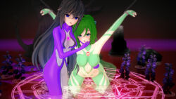 3d arms_above_head bangs black_hair blue_eyes blush bodysuit breast_grab breasts chin_hold empty_eyes female_only femdom femsub green_hair kneeling koikatsu! long_hair multiple_girls original pentagram personification ponytail purple_eyes qian_yejue_(tama_yikuai_yu) smile sweat tama_yikuai_yu tight_clothing ultraman unhappy_trance very_long_hair