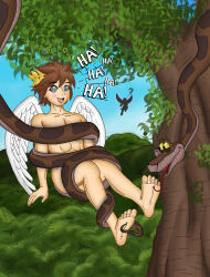  angel angel_boy barefoot brown_hair coils dark_pit disney feet hanging_down happy_trance hypnotic_eyes kaa kaa_eyes kid_icarus male_only malesub muscle_boy navarrotime nintendo open_mouth pit short_hair smile snake text the_jungle_book tickling wings 