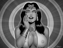  animated animated_gif black_hair bracelet breasts circlet cleavage earrings egyptian erect_nipples_under_clothes female_only femdom greyscale hand_on_head headdress hypnotic_eyes jewelry large_breasts long_nails looking_at_viewer monochrome nail_polish necklace polmanning pov pov_sub ring signature smile spiral spiral_background 