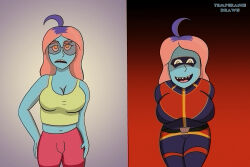  alternate_costume arms_behind_back before_and_after bent_over blue_skin breasts corruption cosplay female_only femsub glasses hand_on_hip henry_danger large_breasts long_hair midriff multicolored_hair nickelodeon orange_hair sharp_teeth smile teennick-tan temperancedraws yellow_eyes 