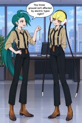    ai_art elesa_(pokemon) femdom femsub green_hair happy_trance nintendo office_lady pendulum pokemon ponytail rika_(pokemon) twinning 