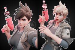 3d accidental_hypnosis before_and_after bimbofication blonde_hair breast_expansion brown_hair earrings grey_eyes jacket large_breasts lipstick makeup open_mouth overwatch raygun red_lipstick rhywlad signature simple_background smile tech_control tracer transformation