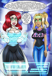 absurdres blonde_hair breasts cleavage expressionless female_only femdom femsub financial_domination glasses headband large_breasts open_mouth original red_hair smile spiral_eyes standing standing_at_attention symbol_in_eyes tech_control text zorro-zero