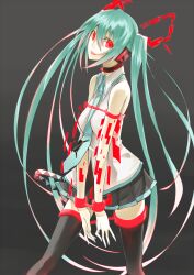 bondage breasts collar corruption female_only femsub glowing glowing_eyes green_hair headphones kauto large_breasts long_hair miku_hatsune open_mouth red_eyes simple_background skirt solo tech_control thighhighs tie twintails vocaloid