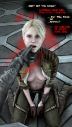  3d blonde_hair breasts chin_hold clothed corruption davelemon_(manipper) dazed femsub galen_marek gloves good_sub_conditioning jacket jedi_mind_trick juno_eclipse kneeling kushishekku2 looking_at_viewer maledom manip mantra open_mouth red_eyes star_wars star_wars_the_force_unleashed_2 text thighhighs western 