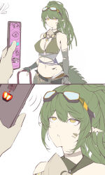  absurdres arknights before_and_after cell_phone choker comic drool elf_ears empty_eyes eye_roll femsub gavial_(arknights) goggles goggles_on_head green_hair heart_eyes hypnotic_app lizard_girl long_hair maledom navel phone ponytail ring_eyes simple_background tadokoro_koji tail tech_control torn_clothes white_background yellow_eyes 