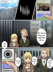  attack_on_titan blonde_hair blue_eyes brown_hair clothed comic english_text green_eyes historia_reiss hitch_dreyse hypnotic_app jacket liaxox military_uniform multiple_girls open_mouth phone ribbon short_hair text 