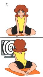  ass bare_shoulders barefoot bike_shorts breast_press breasts brown_hair earrings expressionless female_only femsub harvestman_here hypnotic_screen kneeling leaning_forward leotard nintendo princess princess_daisy simple_background solo spiral spiral_eyes spiralwash_eyes super_mario_bros. symbol_in_eyes tech_control tv white_background yoga 