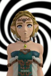  3d absurdres blonde_hair circlet clothed dazed earrings elf_ears expressionless face_paint female_only femsub necklace nintendo open_mouth princess_zelda solo spiral_background spiralwash_eyes tears_of_the_kingdom the_legend_of_zelda theheckle 
