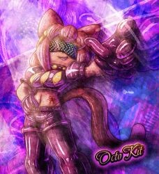  ameerashourdraws animal_ears brown_hair cat_ears cat_girl choker complex_background crop_top female_only femsub furry gameoverse gloves hair_band happy_trance hypnoshades kit_bodega_(gameoverse) latex midriff navel nintendo pants short_hair smile smirk solo splatoon splatoon_2 tail tattoo text tight_clothing 