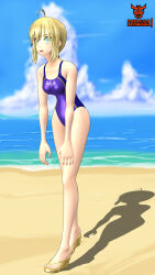  3d absurdres artoria_pendragon beach blonde_hair fate/extra fate/stay_night fate_(series) fate_testarossa female_only femsub latinkaixa one-piece_swimsuit outdoors saber slouching solo swimsuit 