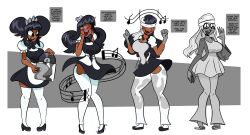 absurdres before_and_after black_hair blush dark_skin dialogue dress eldritch_imp female_only femsub grey_skin happy_trance headband high_heels hypnotic_audio hypnotic_music maid maid_headdress sandals sequence simple_background text transformation white_hair