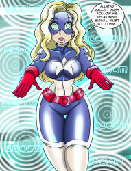  absurdres blonde_hair breasts dc_comics female_only femsub large_breasts long_hair mask midriff open_mouth spiral_eyes standing stargirl super_hero symbol_in_eyes tech_control text western zombie_walk zorro-zero 
