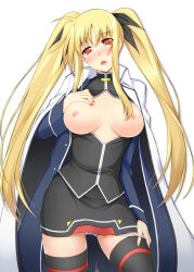 blonde_hair blush breasts empty_eyes fate_testarossa female_only femsub frostbyte_(manipper) hypnotic_drug large_breasts long_hair magical_girl_lyrical_nanoha manip open_clothes open_mouth thighhighs topless underwear